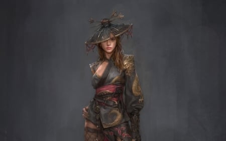 Fantasy girl - black, hat, fantasy, kim ssang, girl, art, asian