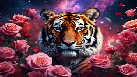 Tiger With Roses - pretty, roses, tigers, animals