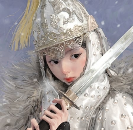 Warrior girl - warrior, sangsoo jeong, girl, sword, armor, fantasy, white, helmet, face, art, asian, tradi