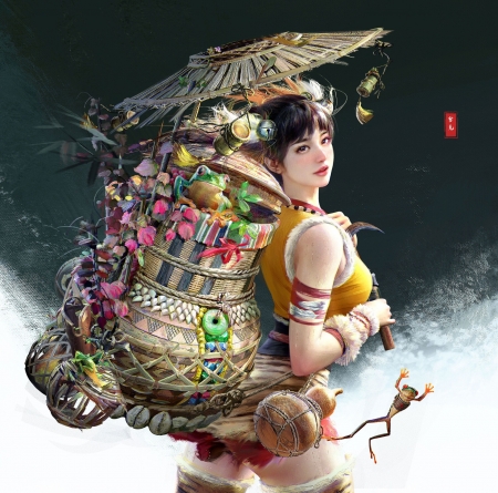 Girl - s t brush, stbrush, frumusete, art, asian, gorgeous, parasol, frog, girl, superb, basket, fantasy, hat