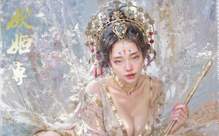 Princess - concubine, stbrush, frumusete, art, gorgeous, girl, odalisque, s t brush, woman, jewel, summer, superb, fantasy, face, princess, vara