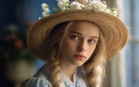 Little beauty - hat, little girl, childhood, summer, fata, blonde, flower, copil, child, face