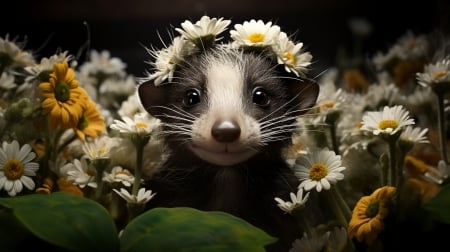 Badger cub - fantasy, neuroset, animal, badger, cub, cute, daisy, flower