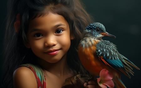 Little girl - bird, fara, face, girl, pasari, child, copil, little girl, neuroset, childhood