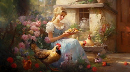 Feeding the Hens - girl, woman, hens, art, farm, wallpaper, beautiful, serene, digital, fantasy, chickens, flowers
