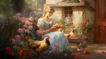 Feeding the Hens - chickens, beautiful, serene, girl, hens, flowers, fantasy, digital, woman, farm, art, wallpaper