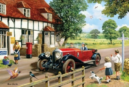 Out In The Country - house, countryside, trees, people, car, vintage, painting, artwork