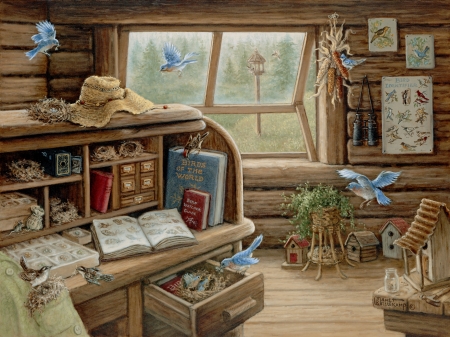Birdwatchers retreat - janet kruskamp, painting, room, bird, art, pictura, interior, pasari