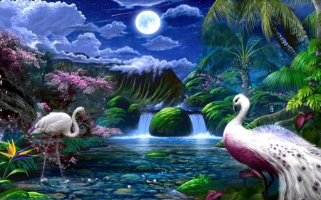 Magical Paradise - clouds, moon, waterfalls, trees, birds, night, palm, painting, sky