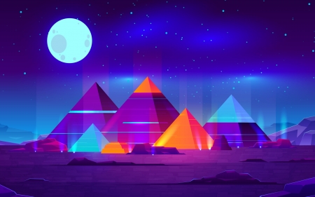 Moonlight - moon, vector, egypt, orange, pyramide, colorful, night, art, purple, fantasy