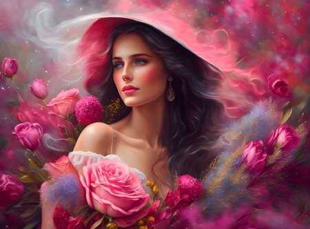 Misty Beauty - hat, roses, beautiful, girl, pink, flowers, fantasy, lady, digital, mist, woman, lamamake art, art, wallpaper