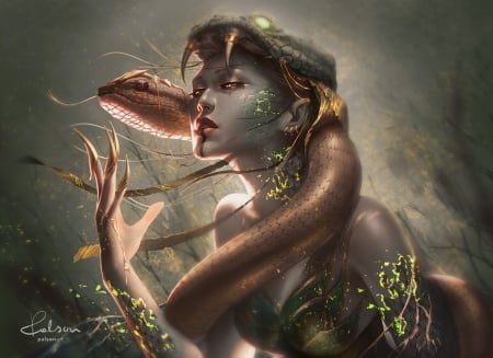 Snake Lady - frumusete, fantasy, paulina bochniak, snake, girl, face, art