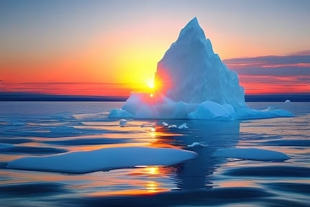 Iceberg in the Ocean - Ocean, Sunrise, Iceberg, Beach