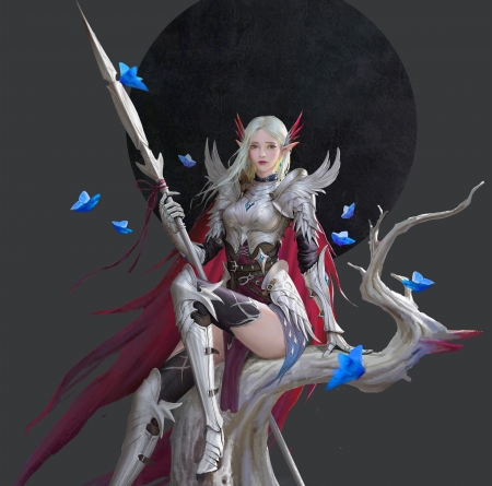 Fantasy girl - moon, blue, girl, elf, black, fantasy, silver, zhuangyuedong, red, eclipse, art