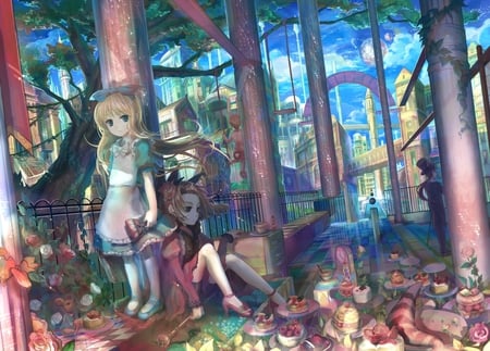 Girl and Boy - female, anime girl, white, rabbit, anime, food, cute, queen of hearts, shoes, male, building, girl, ponytail, long hair, alice, boy, snack, flower, dress, blonde