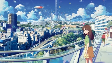 The City - anime, anime girl, female, scenery, girl, city, cloud, cute, sky, building