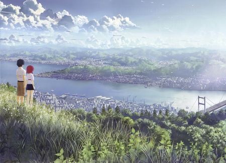 Scenery - lover, female, water, bride, anime girl, cloud, plant, anime, tree, cute, hill, male, ocean, building, couple, mountain, girl, boy, city, sea