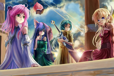 Anime Girls - girls, sky, female, girl, anime girl, blade, cloud, anime, sword, group, cute