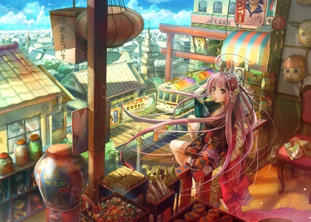 My Little Shop - building, cute, city, female, anime, anime girl, girl