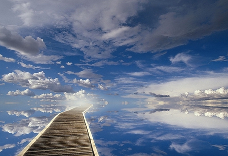 Infinite Walkway - lights, reflected, beautiful, infinite, paint, bridge, abstract, amazing, white, fantasy, 3d and cg, gourgeous, cool, reflections, beauty, awesome, incredible, blue, art, sky, way, nice, clouds, colors, painting, day