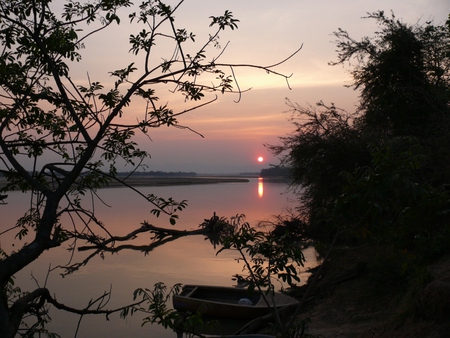 African sunrise - river, trees, boat, sunrise, lake, bush camp