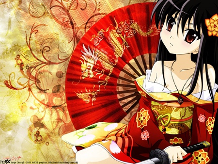 Japanese girl with fan - fan, girl, red, anime, sword