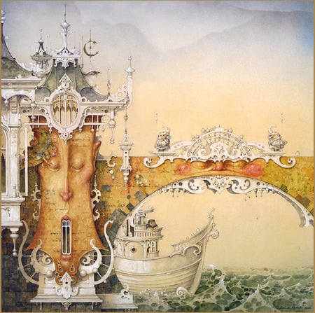 Merriam Daniel 'Avalon Palace' - avalon, violin, boat, palace, daniel, merriam, fantasy, scroll, strange, art, bridge