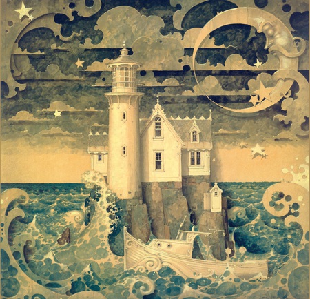 Merriam Daniel 'The Lighthouse' - moon, lighthouse, ocean, merriam, water, voyage, fantasy, daniel, art, sea, strange, boat