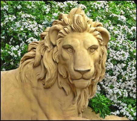 Lion Statue - garden statue, abstract, flowers, lion