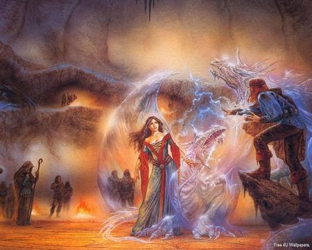 Congering of the twin dragons - cave, magic, energy, congering circle, medival, dark, warlocks, fantasy, congering, dragons, lady, fire, woman, spell, warlock, pretty woman