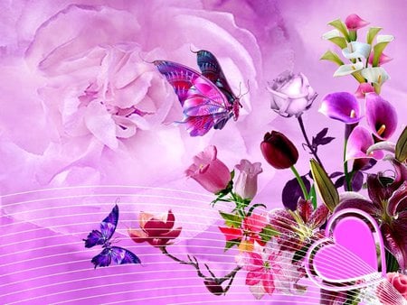 ART - flowers, pink, butterflies, hearts