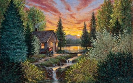 Mountain Music - artwork, cabin, clouds, guitar, musician, painting, river, sky, sunset, trees