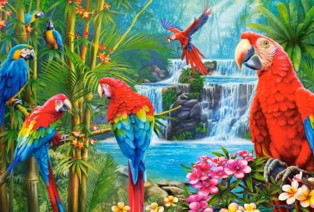 Parrot Meeting - flowers, trees, birds, waterfall, painting, jungle, colors