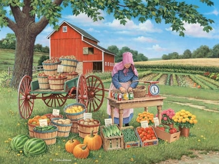 The Fruits of Her Labour  - melons, pumpkins, painting, cart, barn, tree