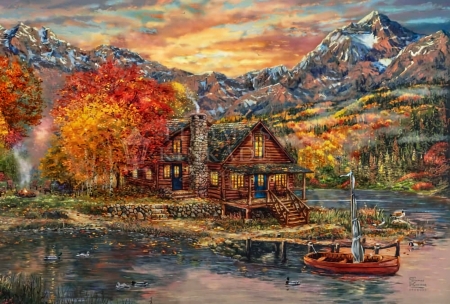 A Perfect Fall Day - artwork, autumn, cabin, colors, lake, mountains, painting, trees