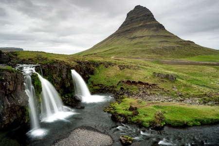 Kirkjufell Falls and Mountain - kirkjufell, mountain, nature, waterfall