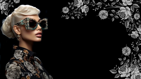 ****** - flowers, graphics, glasses, woman, model