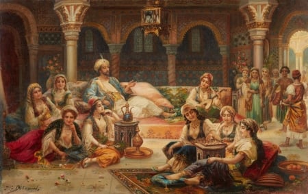 Harem scene - odalisque, people, sultan, harem, girl, pictura, j g delincourt, painting, woman, art, sultana