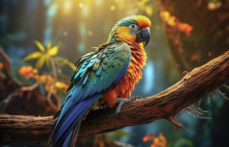 Parrot on the tree branch - csor, eerdo, faag, madar, papagaj, szines tollak, termeszet, tollazat, ules