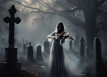 Ghost girl playing the violin - szellem, fak, hatborzongato, temeto, halloween, hegedu, kod, sirkovek, lany