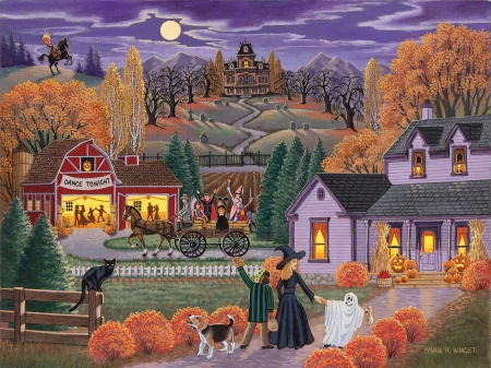 Dance Tonight - artwork, halloween, houses, painting, pumpkins, trees, village