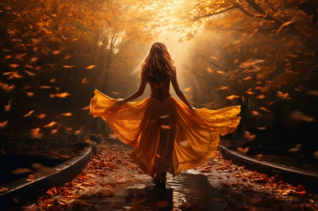 Girl in autumn - arany barna szinek, beke, erdo, fak, hosszu haj, lany, levelek, napfeny, orom, osz, oszi, oszi levelek, portre, ruha, termeszet, ut