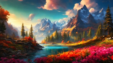 River in the mountains - clouds, flowers, trees, digital, art, rocks