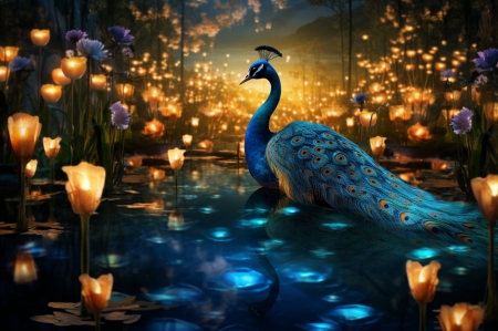 A beautiful peacock - csillogo, ejszaka, fenylo, misztikus, pava, szines tollazat, tavak, vilagito, viragok