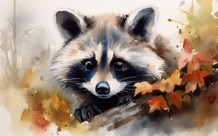 Raccoon - raccoon, animal, pictura, toamna, paintung, autumn, raton, leaf, art