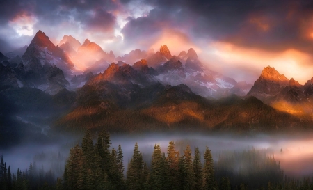 Autumn mountains at sunrise - egbolt, erdo, fak, hegyek, ho, kodos, napkelte, oszi, tajkep, termeszet