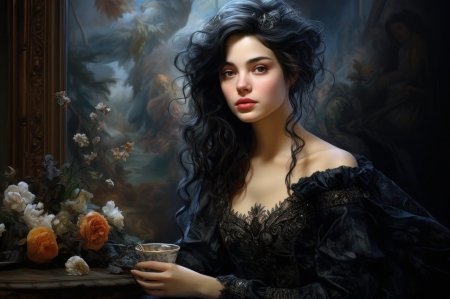 Gothic beauty - lany, portre, fekete ruha, nemes, gotikus, fekete haj, ruha, szepseg
