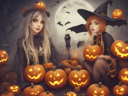 Halloween Greetings - art, bats, digital, jack o lantern, moon, pumpkins, witches