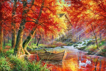 Vibrant Morning by Abraham Hunter - artwork, autumn, boat, ducks, painting, river, sunrays, trees