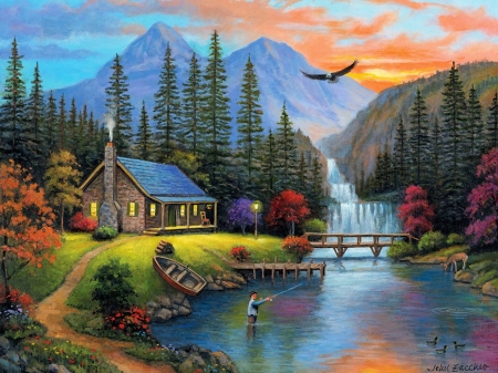 Last Cast Of The Day - artwork, bridge, cabin, clouds, eagle, mountains, painting, river, sky, sunset, trees